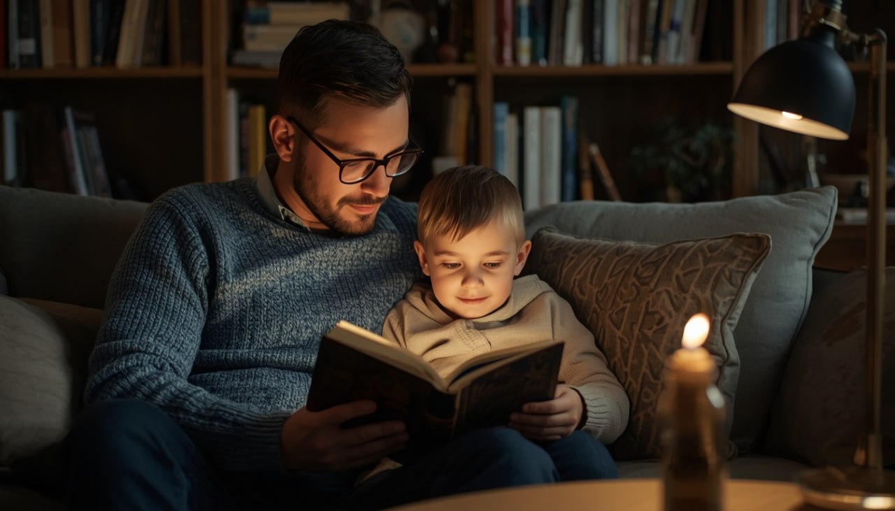 Родитель и ребёнок читают книги вместе на диване, комфортно молча, создавая безопасное пространство без давления