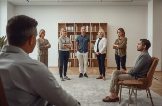 Психолог проводит расстановку — фигуры людей расставлены в пространстве комнаты, клиент наблюдает за процессом